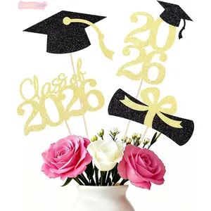 16 Pack Class Of 2026 Graduation Cake Toppers Black Gold Glitter Table Centerpiece Sticks For High School College Senior Aesthetic Grad Party Decorations Elegant Cupcake Inserts Photo Props Supplies