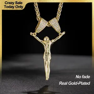 Holylegend 14K Real Gold-Plated Jesus Christ Pendant Necklace for Men and Women, 3D Christ Charm with Diamond Double-Lock Clasps, 24 inches Chain, Religious Gold Plated Jewelry Gift for Fashion Lovers Mothers Day Gift,Father's Day Gift