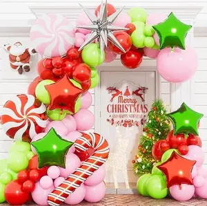 120PCS Christmas Balloon Garland Arch Kit, Red Pink Green Xmas Balloons Candy,Cane,4D Star New Years Balloons for Christmas Party Decorations Indoor,Birthday