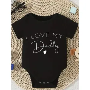 Cute Baby Bodysuit with I Love My Daddy Print Soft Versatile Round Neck Button Detail Regular Fit All Seasons Knitted Fabric Onesie for 0-12 Months