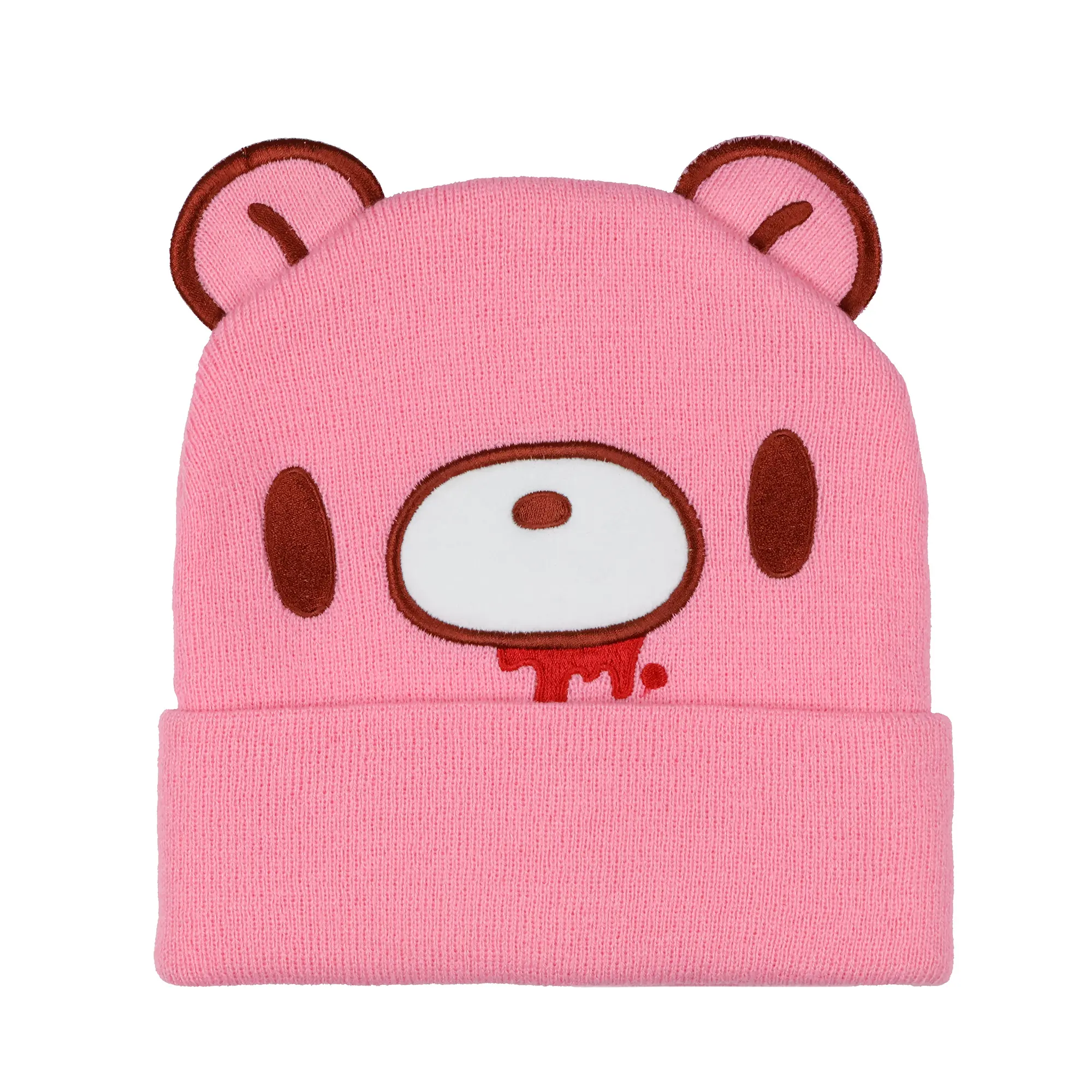 Anime Bear Beanie for Adults, Pink Knit Winter Hat with Embroidered Face and 3D Ears, Soft 100% Acrylic, Beanies, Knit Beanie Hats