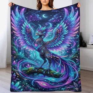 Mystical Moon Phoenix Fleece Blanket - Enchanted Forest with Glowing Crystals, Vibrant Neon Phoenix Design, Perfect Cozy Throw for Fantasy, Witchy, and Celestial Home Decor