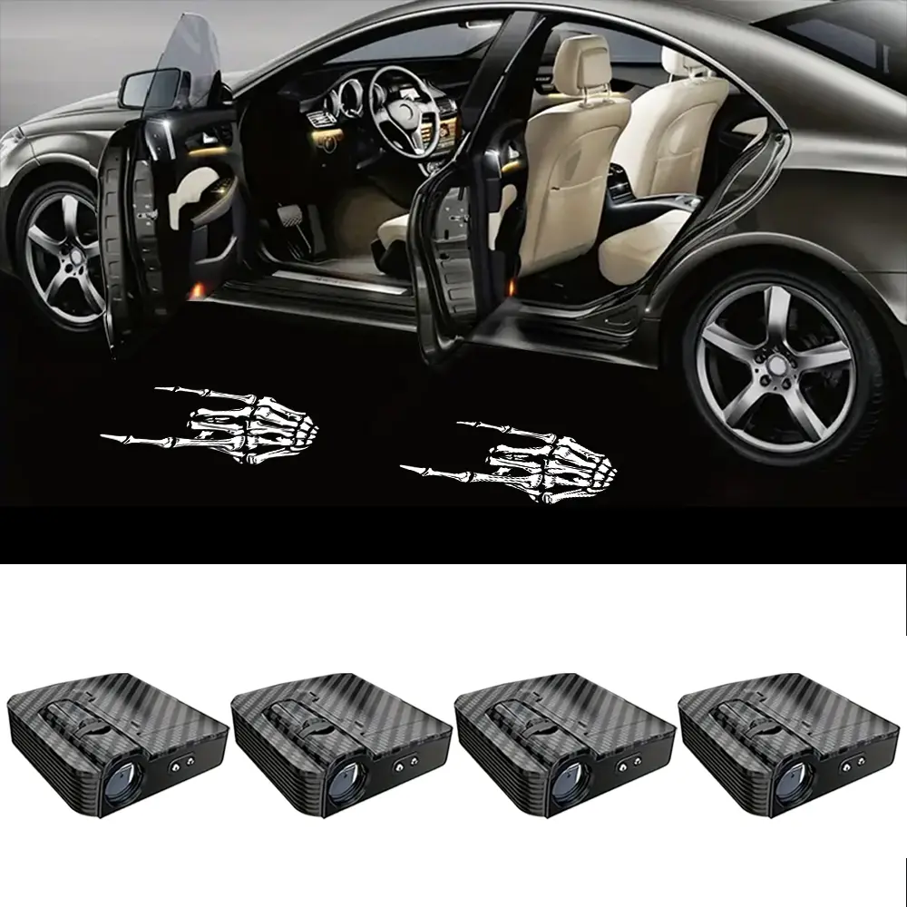 4pcs door lights - human bone finger projector - universal wireless door LED projection light, door step LED welcome sign shadow ghost light projection light, suitable for all brands of cars LED skull middle finger pattern welcome light campingessentials