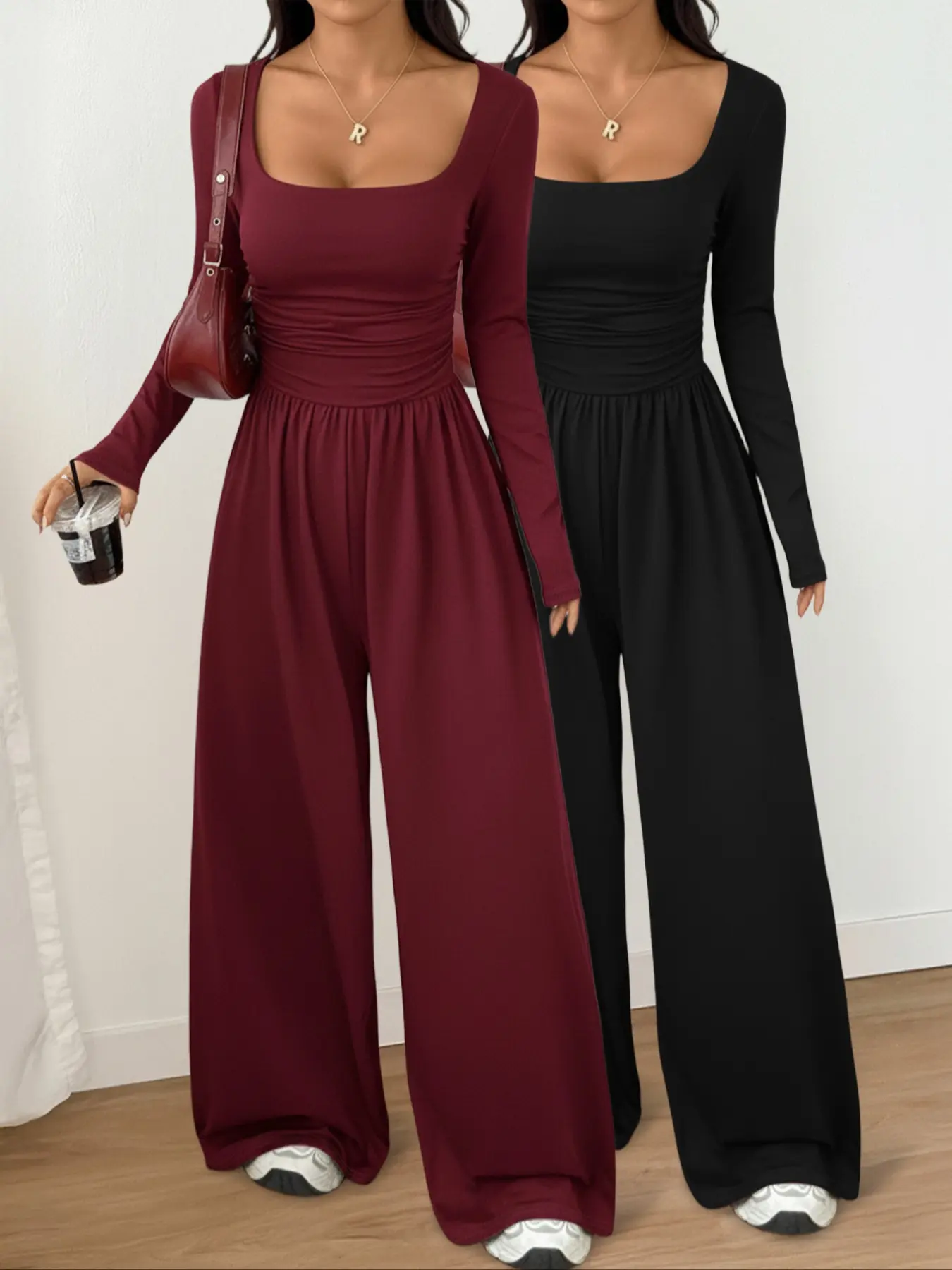 Women's 2-Piece Fall Winter Knit Solid Color Square Neck Chic Fashion Comfortable Simple Versatile Long Sleeve Wide Leg Jumpsuit Set