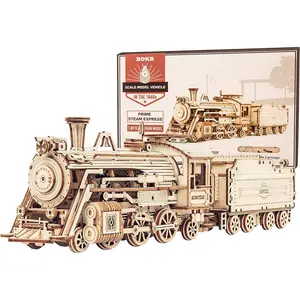 Robotime ROKR 3D Wooden Puzzle for Adults-Mechanical Train Model Kits-Brain Teaser Puzzles-Vehicle Building Kits-Unique Gift for Kids on Birthday/Christmas Day(1:80 Scale)(MC501-Prime Steam Express)