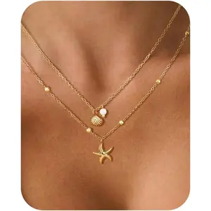 Shell Necklace for Women,14k Gold Plated Layered Starfish Conch SeaShell Pearl Pendant Charm Necklace,Non Tarnish Adjustable Stainless Steel Chain Stack Jewelry for Summer Beach Vacation