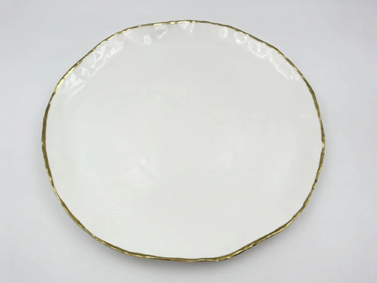 Jiallo 69417 Simplicity Collection Classic 9.5' White Porcelain Single Dessert Cake Plate, Gold Trim, Raised Rim, Round Shape, 2 lb Capacity for Everyday Serving