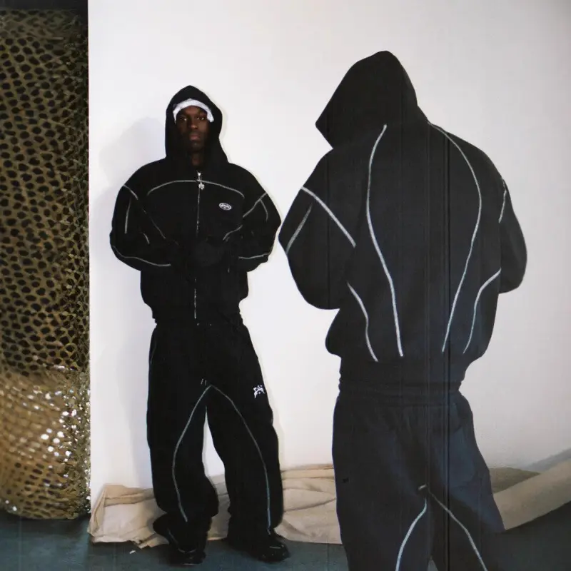 2026 Fashion Loose Sweatshirt and Sweatpants ,Hip Hop Street Style Unisex Zipper Hooded Jacket Set black logo