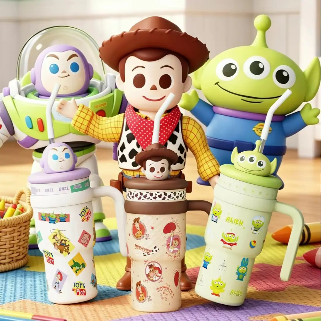 MINISO Toy Story 24oz Insulated Stainless Steel Flask, Vacuum Flask Tumbler with Lid - 3D Buzz Lightyear-Woody-Alien Lid, Silicone Straw, Leak-Resistant Portable Coffee Mug, Flasks, Tumbler With Lid Vacuum Flasks