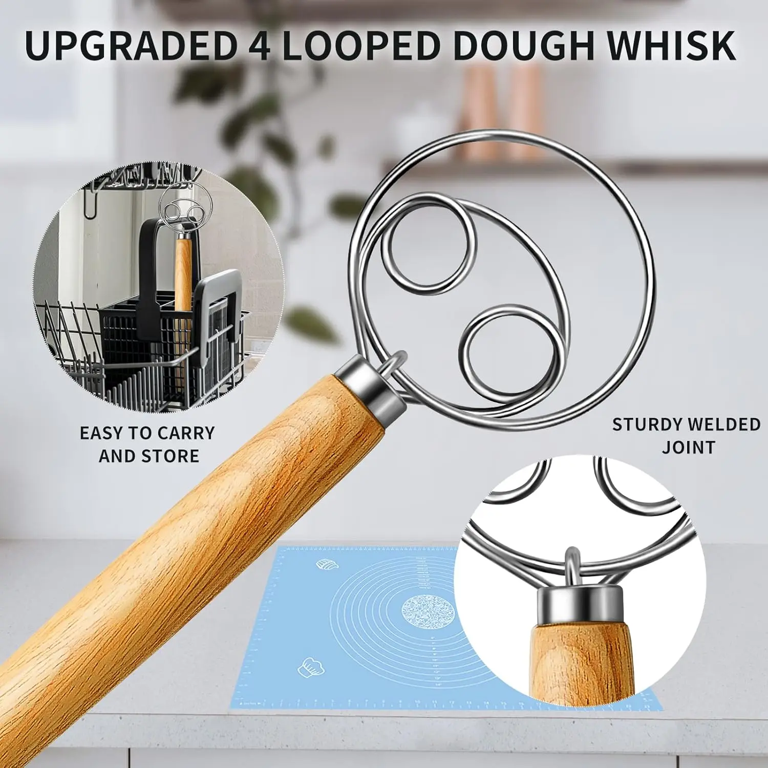 Danish Dough Whisk with Stainless Steel Dough Hook, Ideal for Sourdough Bread Mixing, Sourdough Tools, Handcrafted Wooden Handle, Essential Baking Tool for Home Bakers, Baking Supplies, Baking Accessories