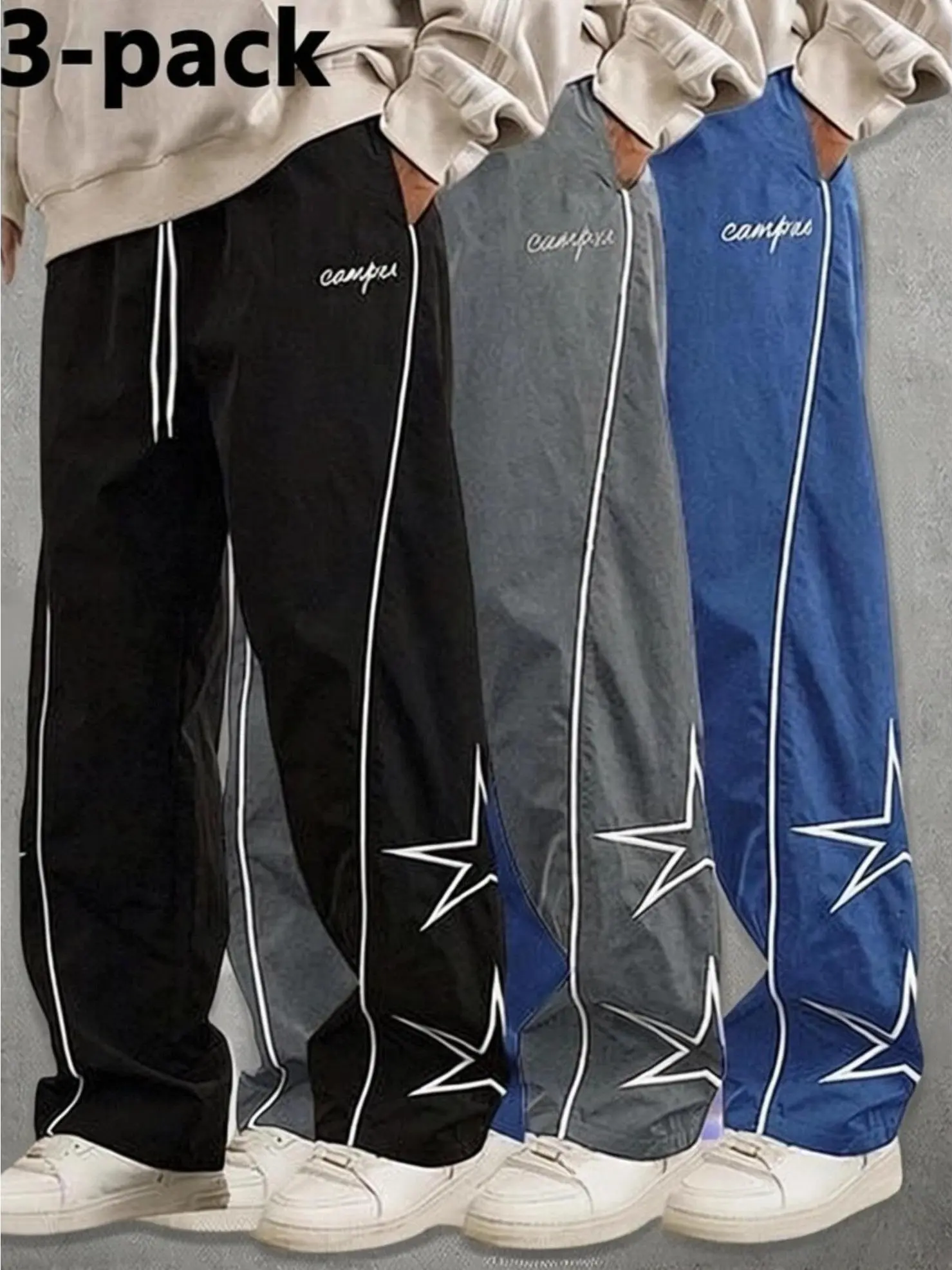 Men's 3-Pack Baggy Sweatpants, Star-Patterned Embroidered Gym Pants, Mensfashion Sports Casual Bottoms, Autumn Apparel, Streetwear Essentials, Men's Pants, M, Workout, Sporty Chic, Streetwear Ready, Athletic