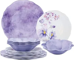 12 Piece Lavender Melamine Dinnerware Sets, Outdoor Dishes Set, Plates and Bowls Sets, Service for 4, Purple