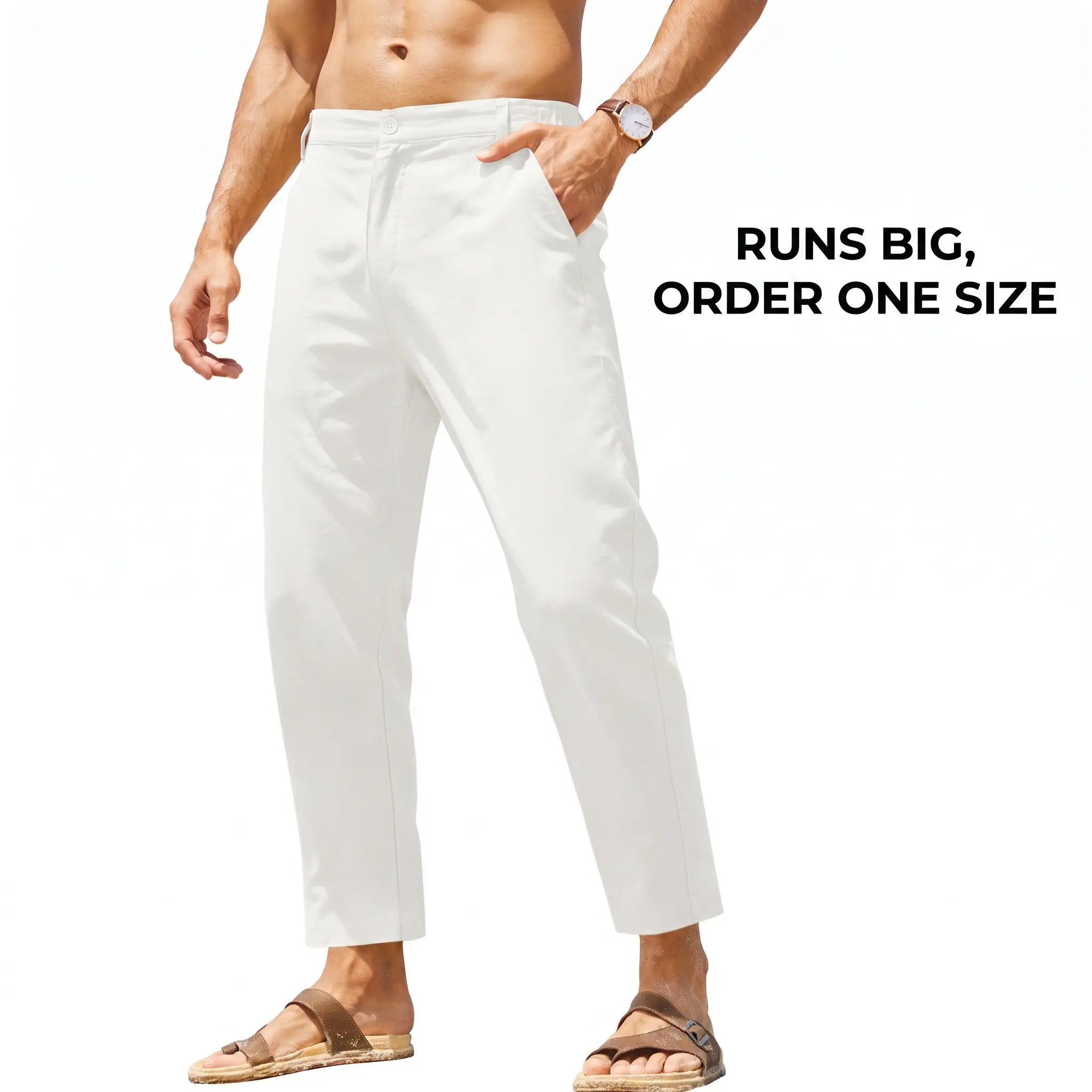 Coofandy Men's Cotton-Linen-Rayon Elastic Waist Lightweight Relaxed Fit Cropped Pants - Menswear Bottoms with Pockets, Casual Hawaiian-Inspired Fabric Pants for Gym, Beach, Top, Shirt, Plain, Soft, Trouser, Double Pockets, Pull On
