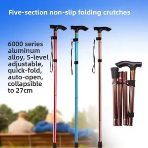 Outdoor aluminum alloy hiking stick, telescopic and foldable, anti-slip, reinforced and adjustable with 5 sections, Hand-Carved Beech Wood Walking Cane,