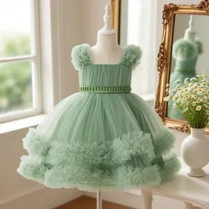 6009 Kids Avocado green pearl decorated tutu princess dress suitable for dance piano performance graduation ceremony photography