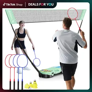 【SpringStatements】BAGAIL Portable Badminton Net Set - Storage Case - Freestanding Base - Quick Setup - Pop Up Badminton Net with 4 Rackets, 4 Shuttlecocks for Indoor & Outdoor Games, Backyard Family Fun