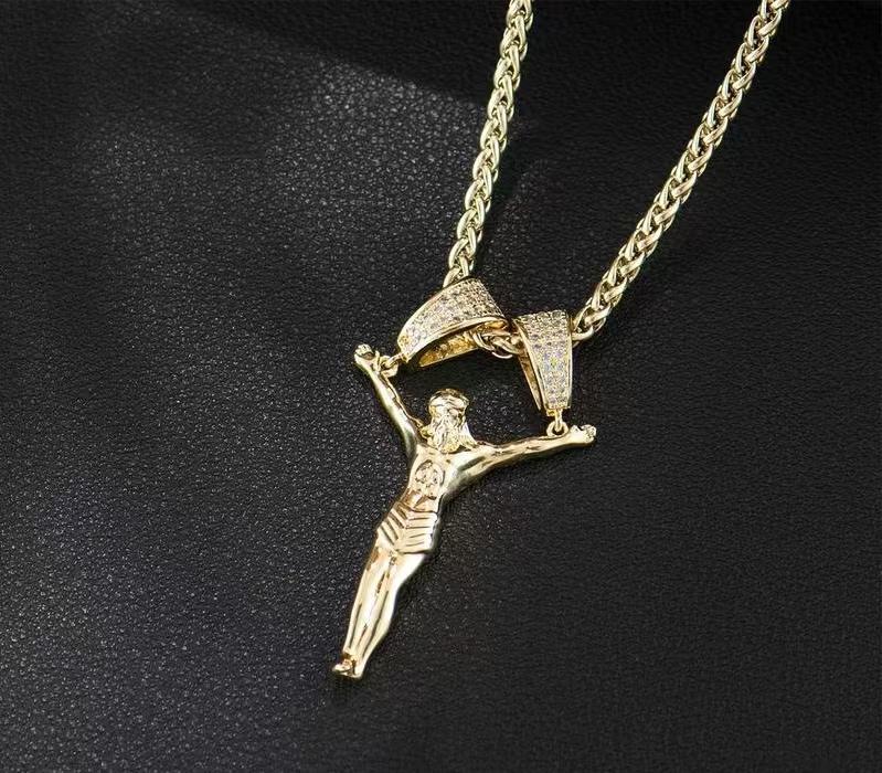 14K Gold-Plated 3D Jeweled Jesus Christ Cross Pendant Necklace, Unisex Copper Chain (24-Inch/60cm) with Diamond Double Clasp, Gift-Box Religious Daily Wear Jewelry for Fashion Enthusiasts