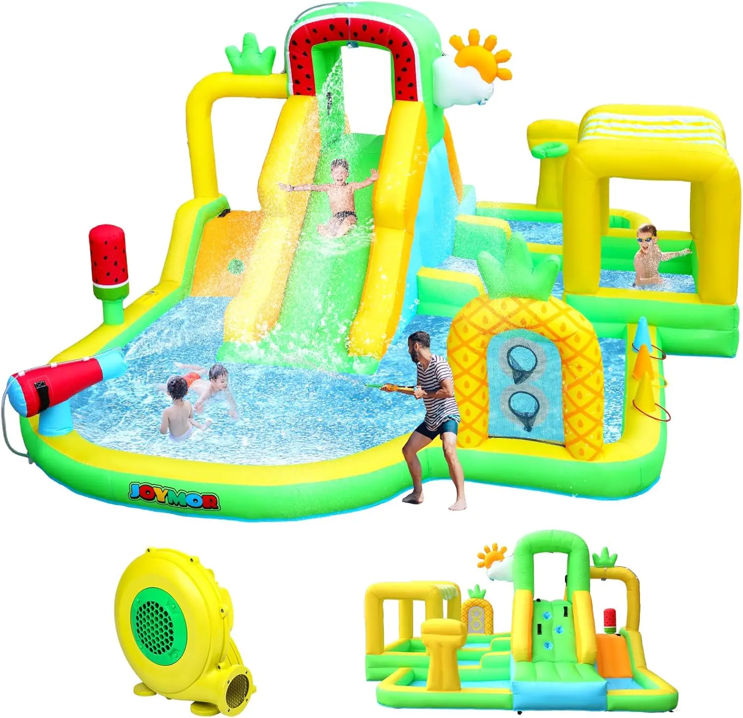 JOYMOR Inflatable Water Slide for Kids,Fruit Tropical Watermelon & Pineapple Theme Inflatable Water Park with Shaded Splash Pool, Dual Slides & Games Backyard Summer Fun for Ages 3-8