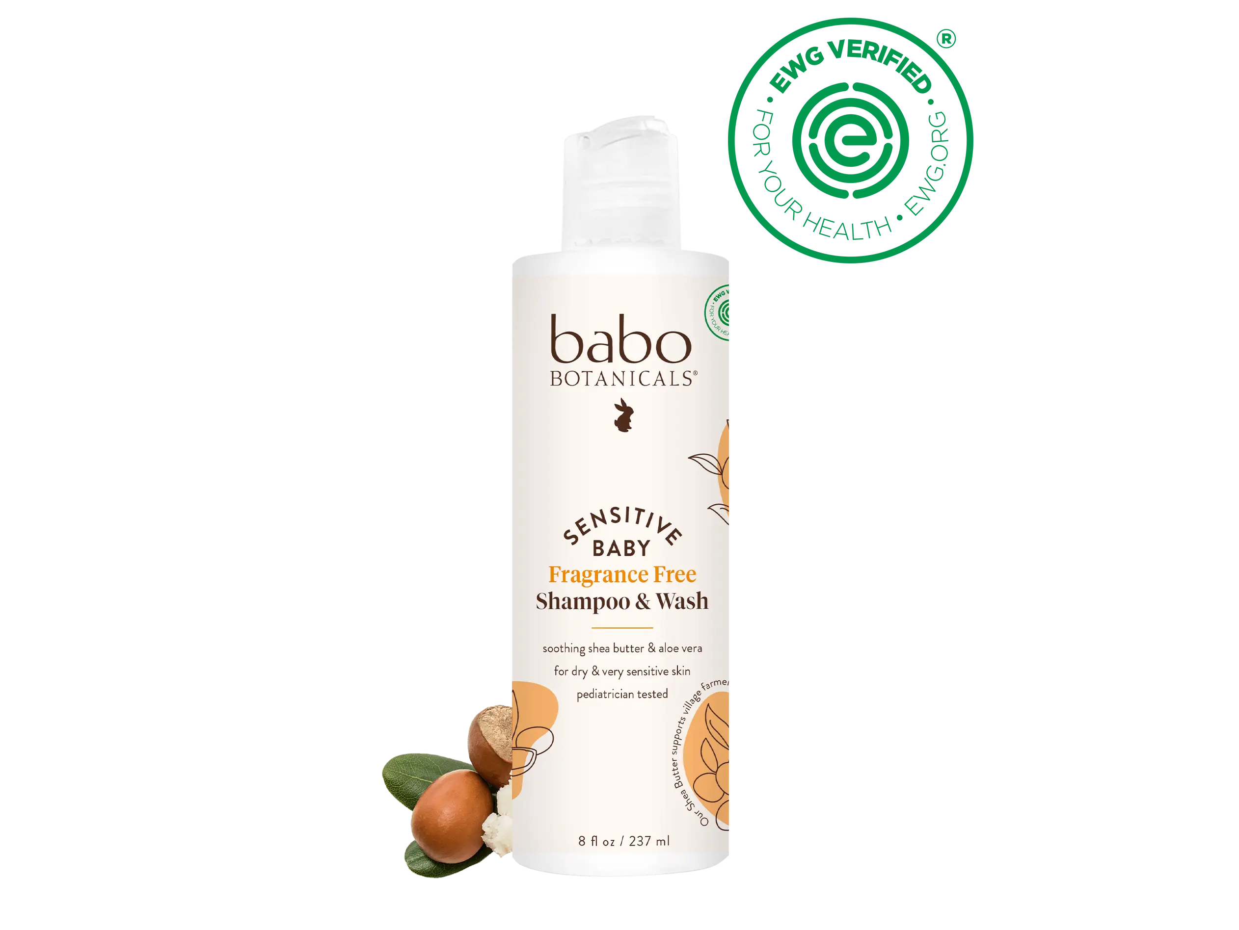 Babo Botanicals Sensitive Baby Fragrance Free Shampoo & Wash – EWG Verified – Made with Soothing Shea Butter & Aloe Vera – For Dry & Very Sensitive Skin – Pediatrician Tested – 8 fl oz (237 ml)