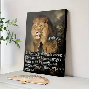A Framed Canvas - "Jeremiah 20:11 - Lion of Judah Inspirational Bible Verse Poster", with Spanish Bible, 11.8x 15.7inch / 15.7x 23.6inch , Standing Wall Art, Home Decoration, Inspirational Wall Decoration