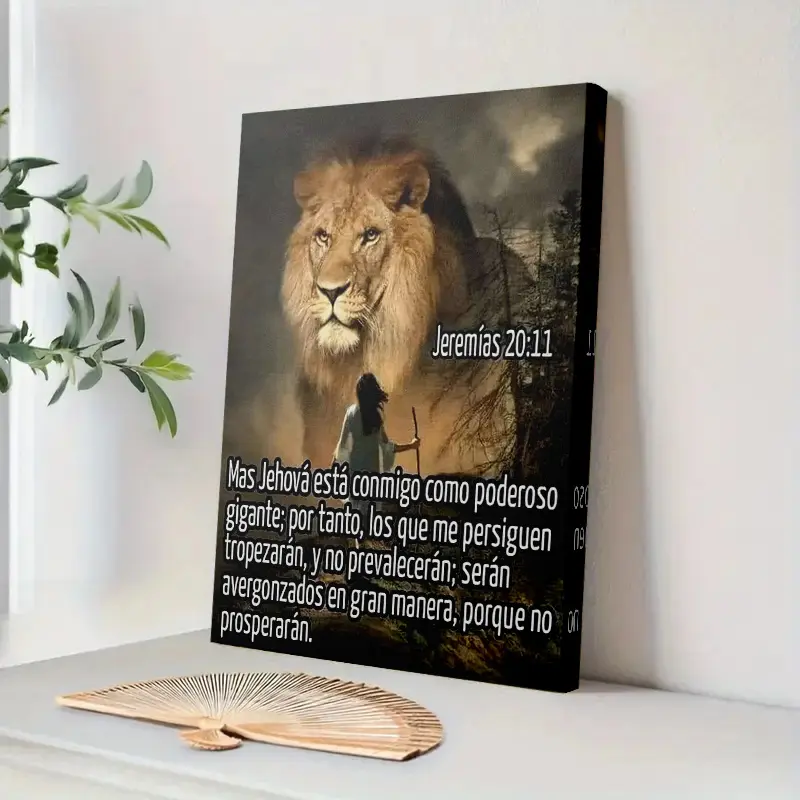 Artistic Framed Canvas Print - "Jeremiah 20:11 Lion of Judah" Bilingual Script Biblical Verse Poster with Letter Cross Print, 11.8x15.7in/15.7x23.6in Wooden Wall Art, Modern Home Decor, Baptism Gift Option