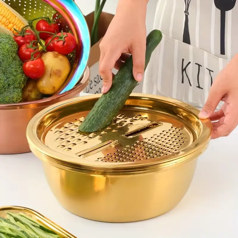 3-In-1 Stainless Steel Kitchen Set with Grinder, Filter & Mixing Bowl, Ideal for Fruits, Vegetables, Cheese, Home Cooking, Food Safety, Vegetable Colander, Stainless Steel Colander Strainer, Strainers And Colanders