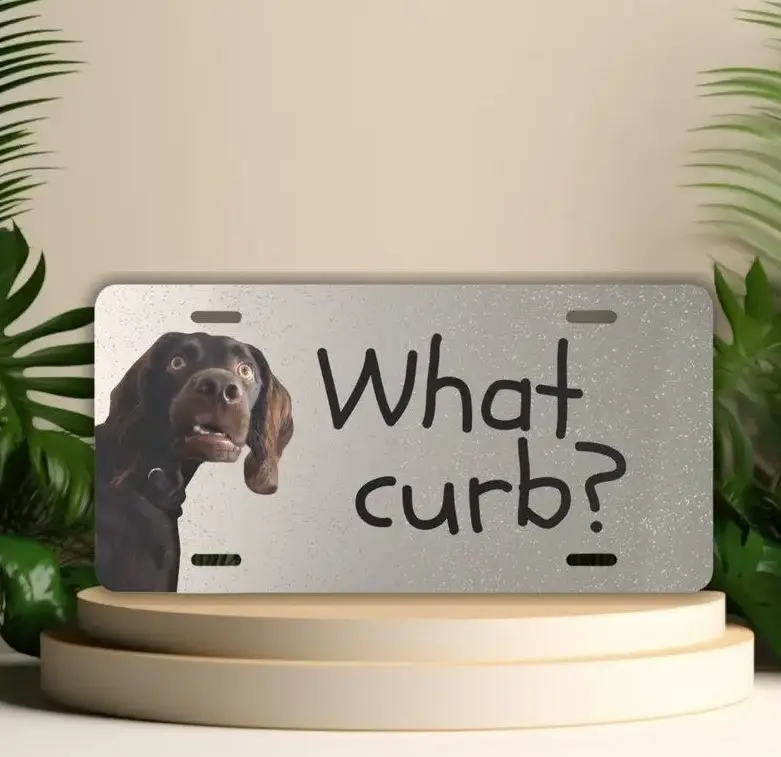 [What Curb?] Confused Dog Meme License Plate, Funny Gen Z Humor Front Vanity Tag for Car SUV Truck, Heavy Duty Metal Novelty Auto Decor, Cute Car Accessory