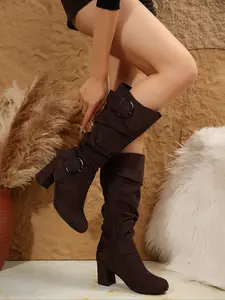 Women's Loose Knee-High Boots with Buckle Design, Side Zipper, Comfortable High Heels, Fashion Casual Shoes for Fall & Winter, Cute Winter Boot