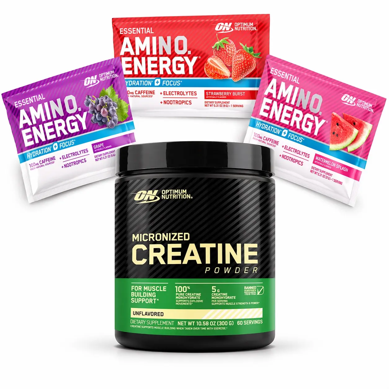 OPTIMUM NUTRITION Creatine + Amino Energy Dietary Supplement Combo, Unflavored, Banned-Tested - 5g Micronized Creatine Monohydrate, Cellular Energy, Endurance Fuel, Instant Mix Protein Powder, Strength & Focus Support, Cellular Energy Protein Supplements,