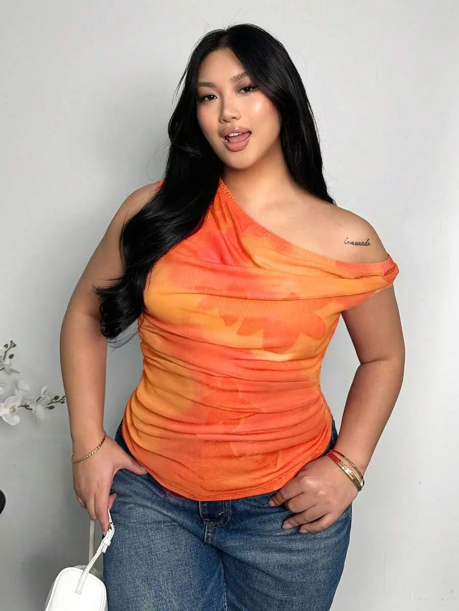 ORLINA Plus Size Women's Tie Dye Print Ruched Asymmetric Neck T-Shirt, Burnt Orange Summer Classy Night Out Club Open Shoulder Top, Elegant Vacation Blouse