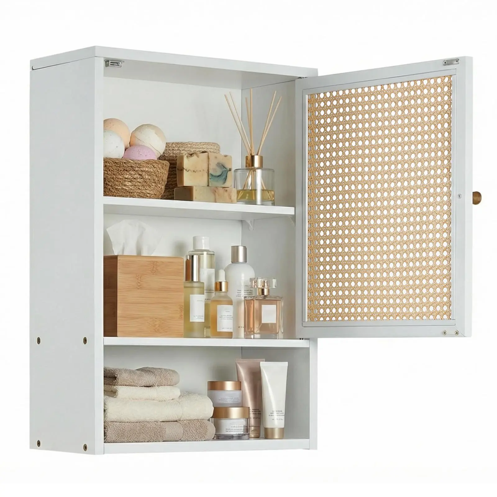 Garvee Bathroom Wall Cabinet with Wood Rattan Storage, 3-Tier Shelves and Doors, 16x8x24 Inch Medicine Cabinet, Supports 33lbs, Ideal for Bathroom, Laundry Room, and Small Spaces in White