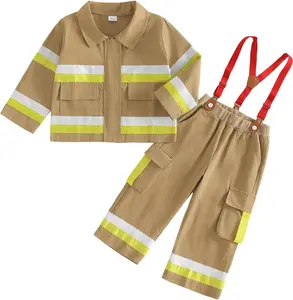 Thorn Tree Kids Firefighter Outfit Long Sleeve Jacket Suspender Pants Overalls Halloween Birthday Outfits Fall Winter Clothes