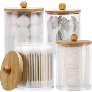 4 Pcs Qtip Holder Dispenser for Cotton Ball, Cotton Swab, Floss, 10 oz, 12 oz Clear Apothecary Jars with Bamboo Lids Organizers and Storage Containers