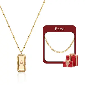 Fettero double-layer initial necklace gold Figaro chain necklace, cute square rectangular letter pendant