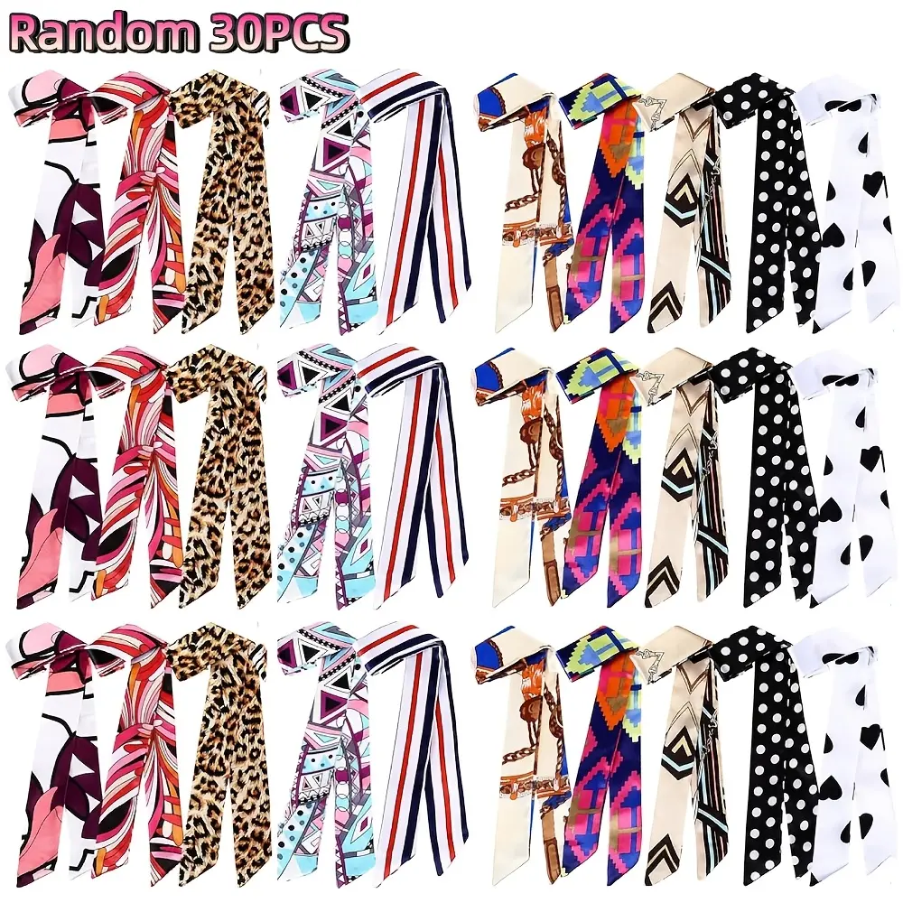 Women's Satin Headscarf Set (30pcs) - Ribbon Shape Bag Accessory, Casual Hair Handle Charm, Neckerchief Headband for Gifting, Purse