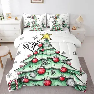 Cartoon Xmas Tree Comforter Set,Christmas Snowflake 7 Pieces Bedding Set,Oil Painting Pine All Season Bed in a Bag