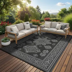 Large-size Outdoor Waterproof Rug with Retro Border and Print Foldable for Indoor and Outdoor Use Washable for RVs Terraces Balconies Beaches and Patios
