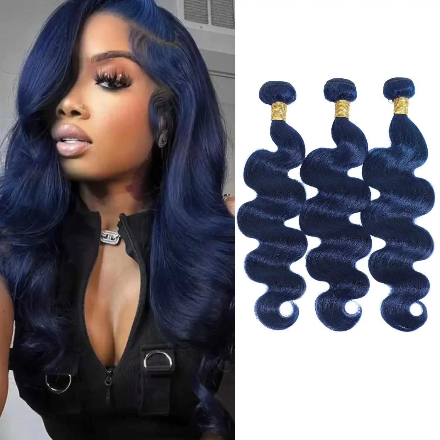 ALHER Dark Blue Bundles Human Hair 18 20 22 Inch, 12A 100% Brazilian Virgin Hair Body Wave, Soft and Thick Weaves Perfect for Quick Weave Sew in 3 Bundles Hair Extensions