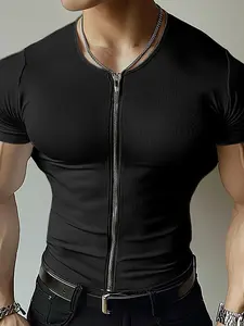 INCERUN Summer Tops American Style Fashion Short Sleeve Men's Solid Texture Zipper Design T-shirt Casual Male Short Sleeved Camiseta