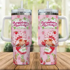 Strawberry Shortcake Pink Tumbler 20oz 40oz, Cute Strawberry Doll Design Cup, Insulated Travel Mug with Handle and Straw, Kawaii Gift