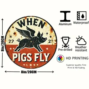 2D Flat 1pc Aluminum Flying Pig Vintage Decorative Plaque, Retro, 8X8 inch, Circular, for Bedroom, Living Room, Family Dining Room, Bar, Coffee Shop, Garage Decoration, with Friends and Family, Room Decor Signs
