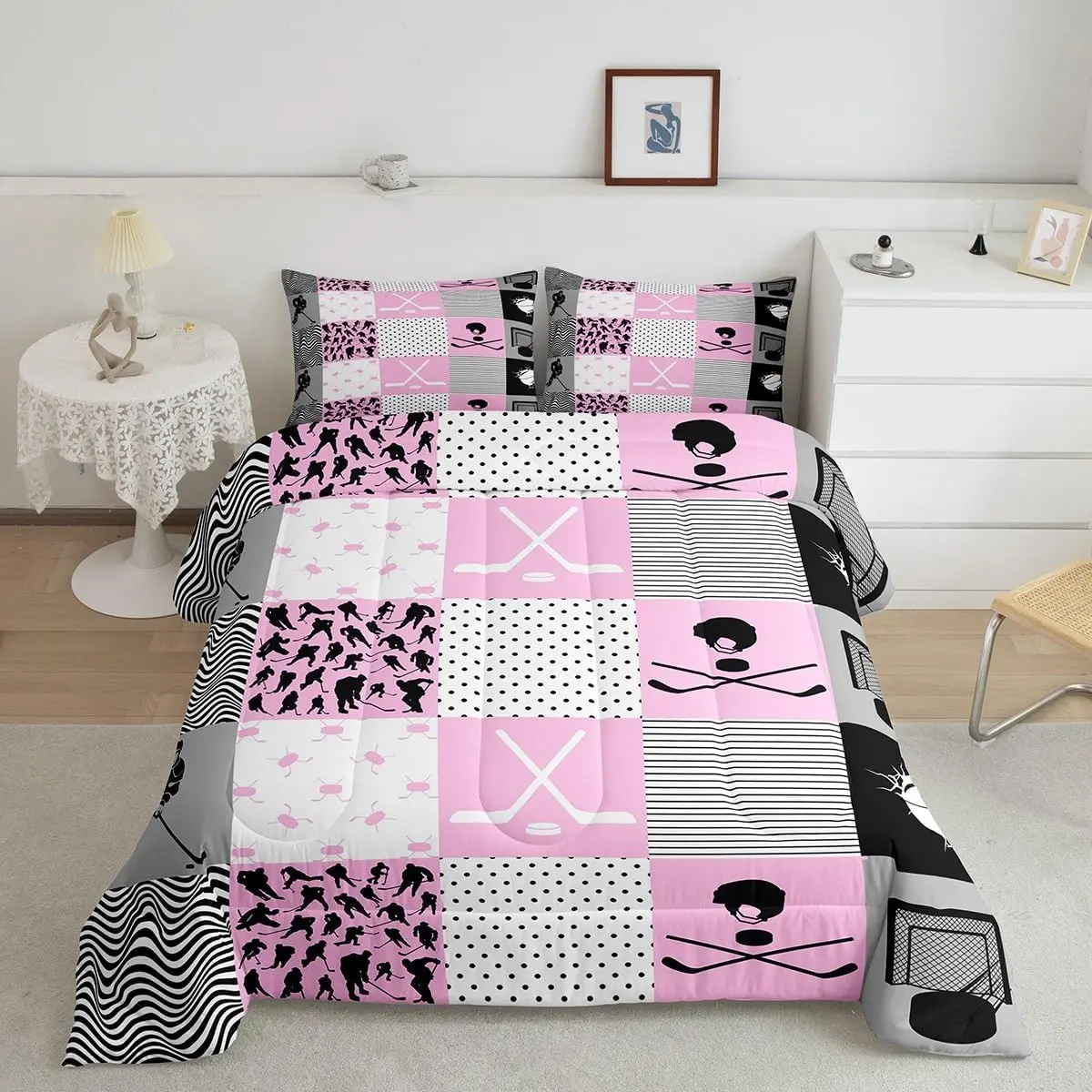 Feelyou Luxury Twin Size Pink Hockey Motif Quilt Set - Polyester Microfibre Bedding, Sporty Geometric Print, Breathable Bed Cover & Decorative Linens, All Seasons, Soft Warm, Machine Washable for Modern Bedroom, Soft Warm Bedding