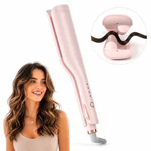 Hair Crimper Waver, 25mm Deep Wave Curler for Natural Beach Waves, Ionic Dual Heating Hair Waver with Adjustable Heat, Dual Voltage Travel Hair Tool, Easy to Use Pink Curling Wand, Summer Styling Gift for Women Female