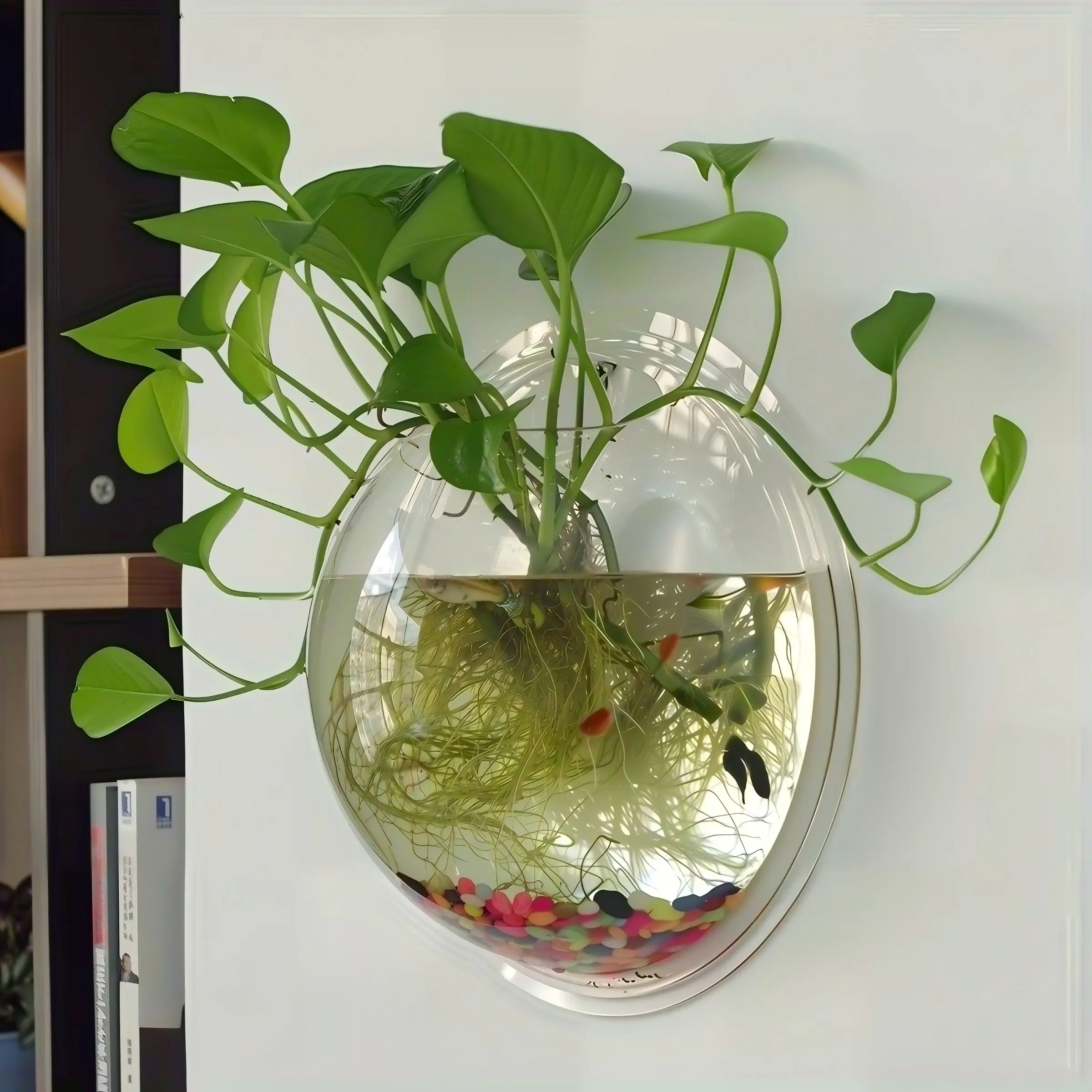 Modern No Drill Round Wall Mounted Planter, Transparent Acrylic Dual-Purpose Mini Fish Tank, Aquarium Plant Holder, Space Saving Hydroponic Plant Holder Combo Decor for Office Balcony Home