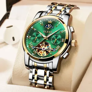 OLEVS Watches for Men Skeleton Automatic Mechanical Diamond Self Winding Gold Luxury Wristwatch Luminous Waterproof Business Dress Watch