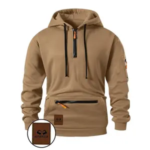 Men's Half-Zip Hooded Sweatshirt, Trendy Pocket Zipper Design, Letter Print, Loose Fit, Fall & Winter Casual Fashion, Hot Trending Hoodies