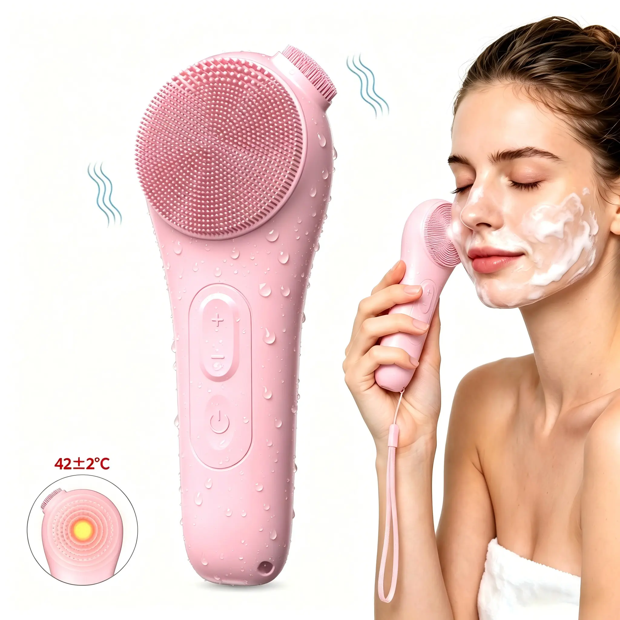 [Teaifa] Facial Cleansing Brush, Vibrating and Heating Facial Cleansing Massager, Rechargeable Silicone Face Scrubber with Nose Brush & Lanyard, Deep Cleansing Waterproof Face Brush for Men and Women Summer Gift Pink Sensitive Pore Gentle