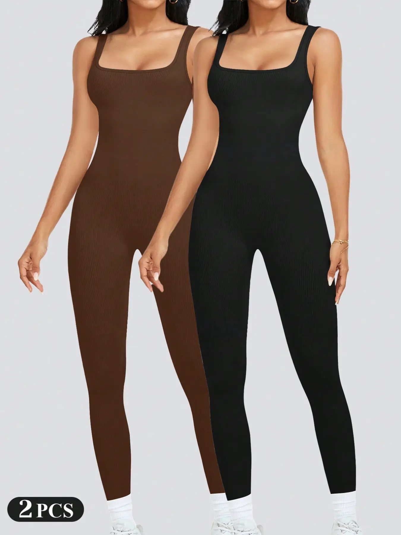 1/2 Pcs Womens Workout Rompers Jumpsuits, Sporty Yoga Jumpsuit, Tight Yoga Jumpsuit, Seamless Ribbed Gym Stretchable Activewear, Fitness Outfits, One Piece Sleeveless Square Neck Tank Leggings Unitard, Everyday Activewear, Athletic Jumpsuits
