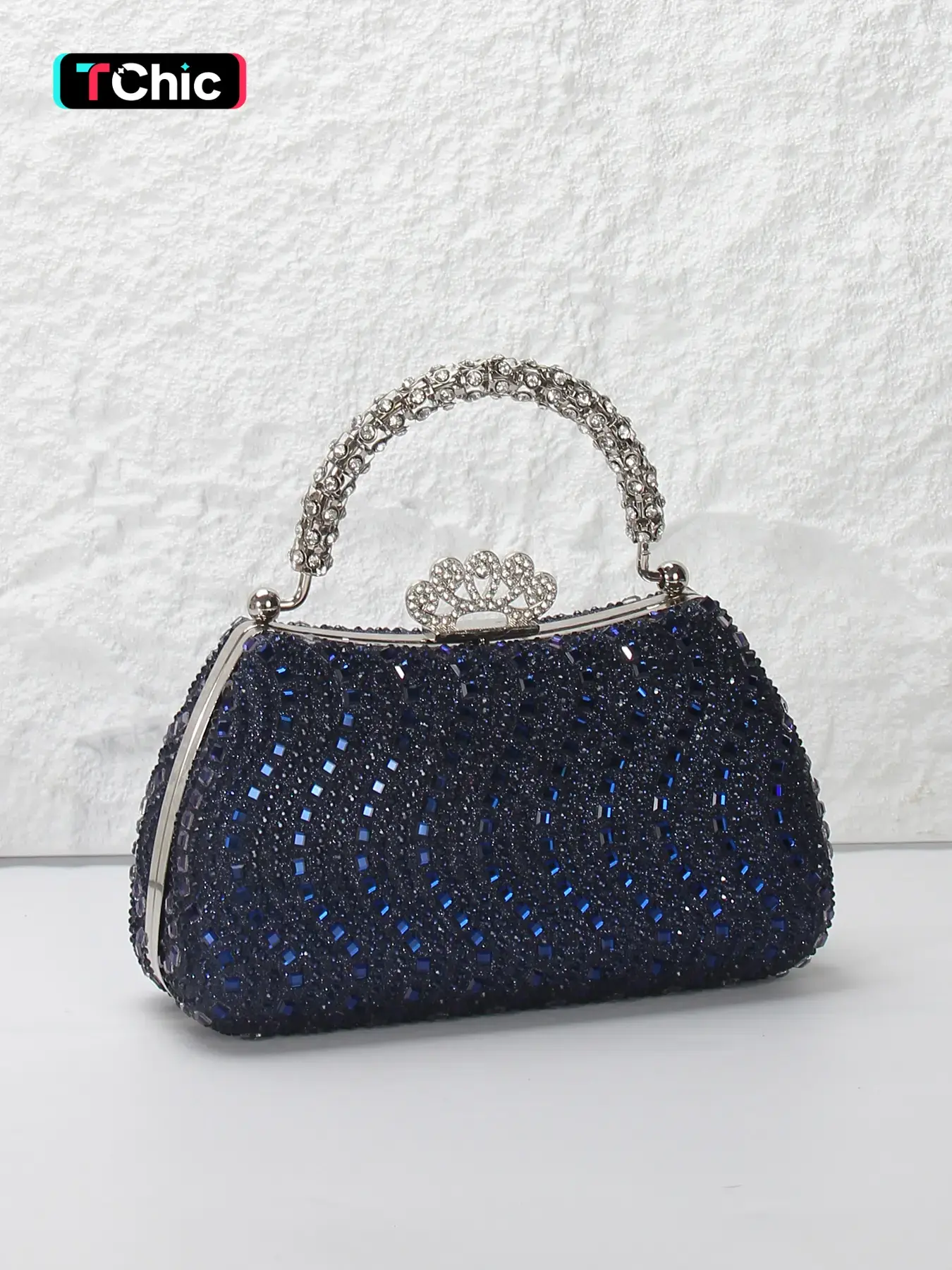 Gorgeous navy blue full of diamonds ladies evening bag, rhinestone handles design handbag, flowers with diamonds lock buckle, with shoulder chain shoulder bag, suitable for wedding, party, prom, holiday gift, school gift, Rhinestone Bling Bag