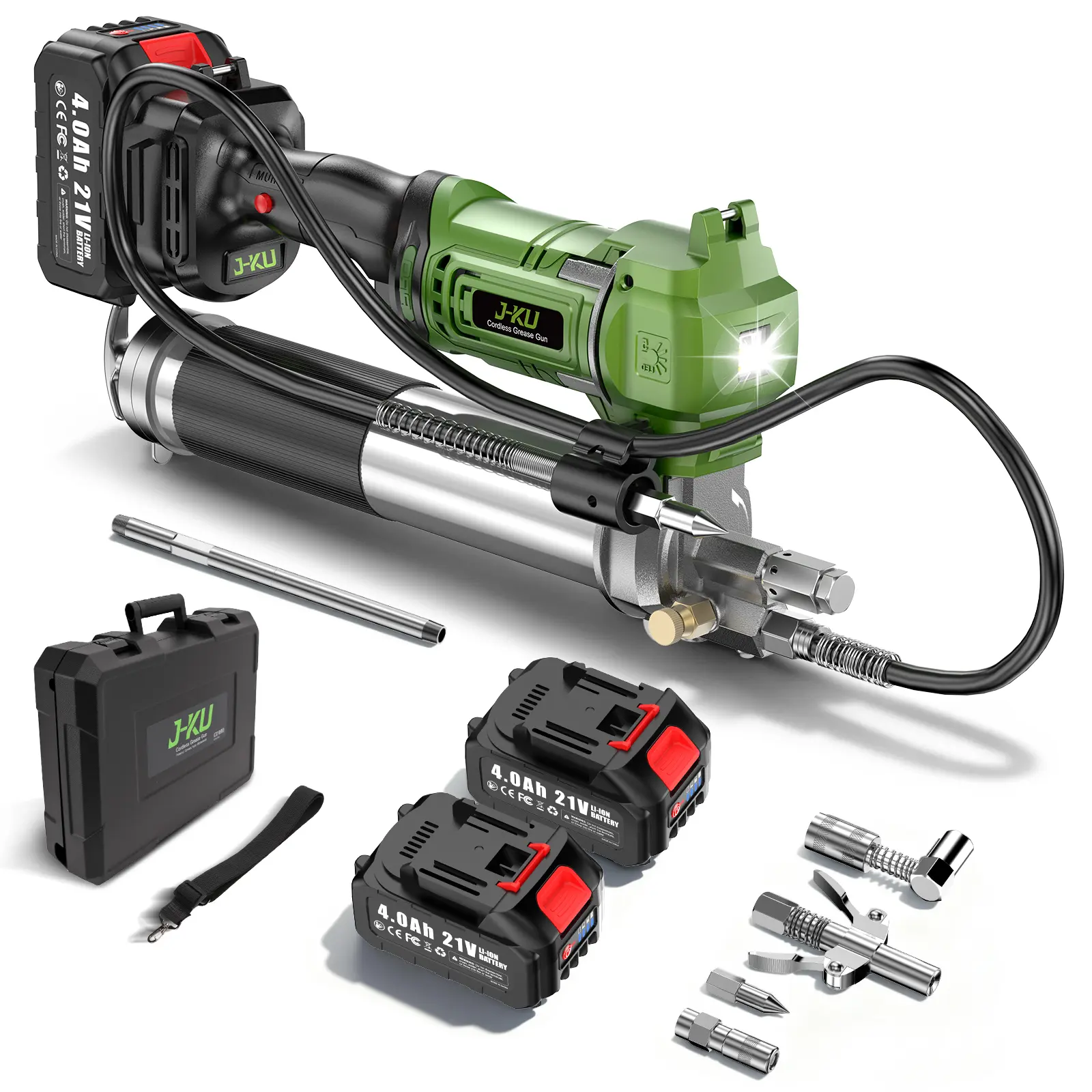 J-KU Cordless Grease Gun Kit - 12000PSI, 5.3 oz/min, with 2 Batteries & Charger, 39.4" Hose, 4 Couplers, a Great Tool for Farms & Ranches